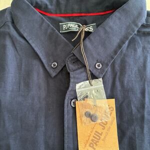 Linen Blend Button Up Shirt Mens Large Blue Paul Jones Beach Casual Preppy NWT